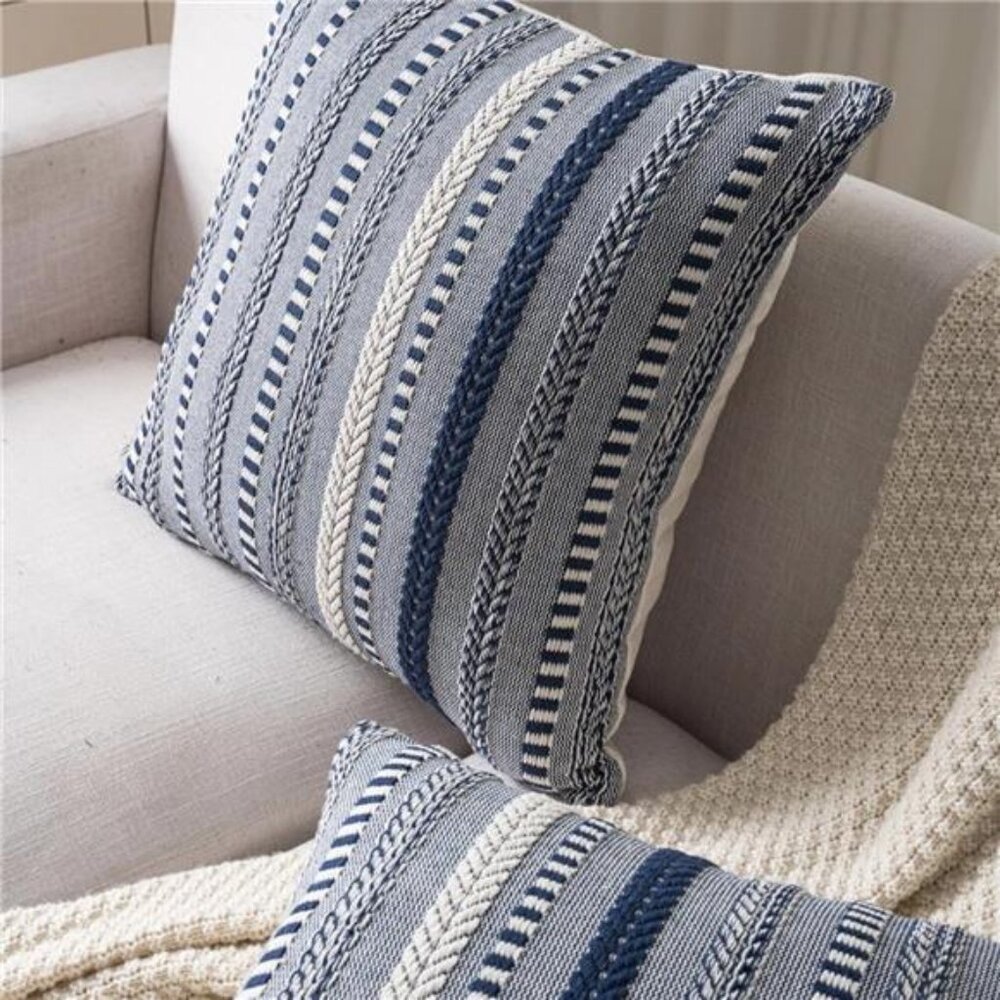 New West Elm Set 2 Navy Blue Boho Embroidered Throw Pillow Case Cover Sham 18x18 - Picture 3 of 9